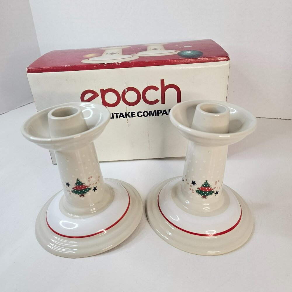 Epoch Holiday Joy Taper Candlestick Holders Candle Stand Pair Christmas Decor